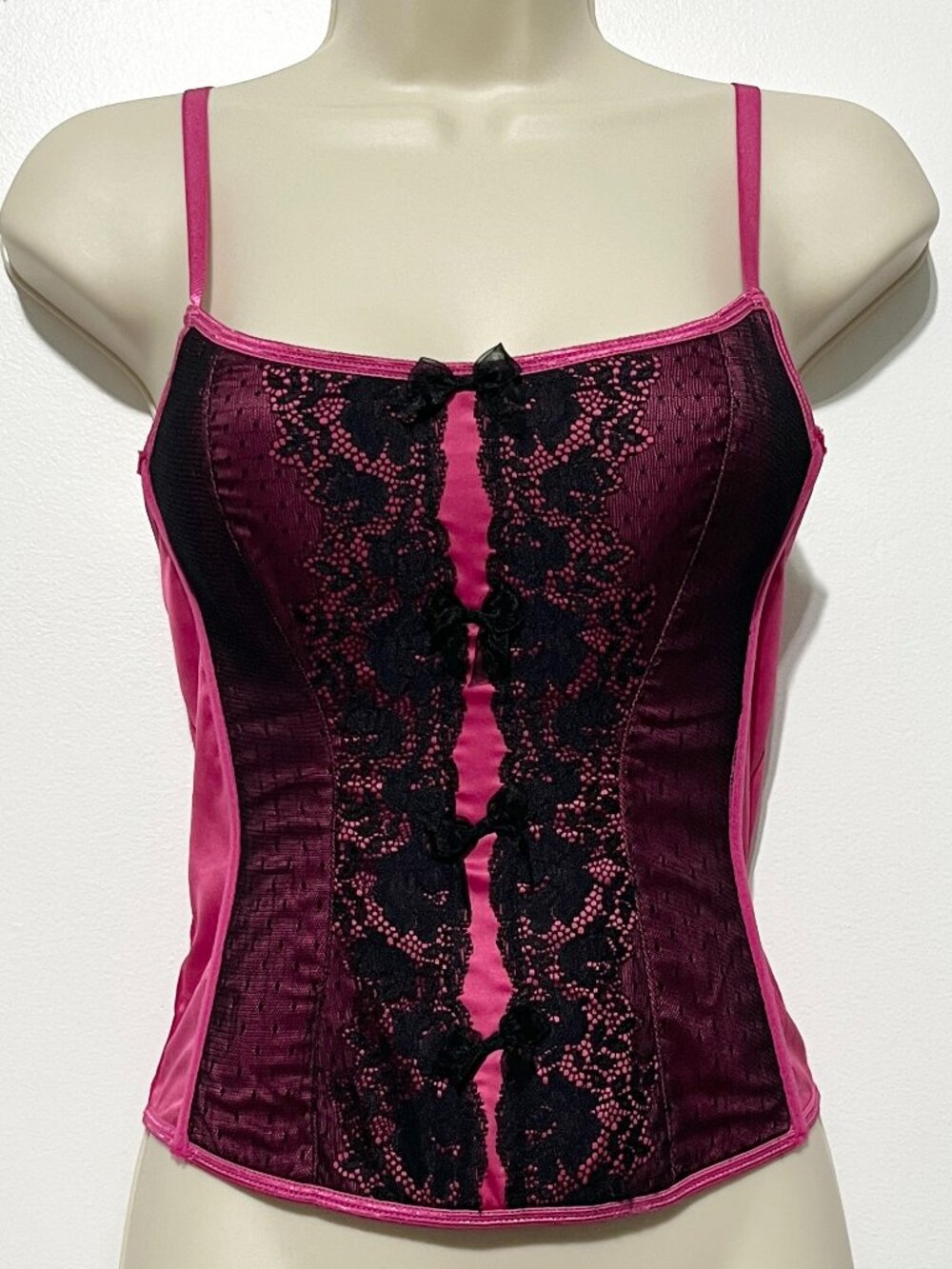 Womens Satin Lace Bustier Corset Top M Coquette Pink Satin Lace Boudoir Romantic